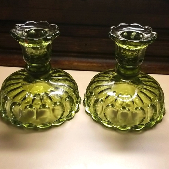Vintage green chiseled pedestal candlestick holder